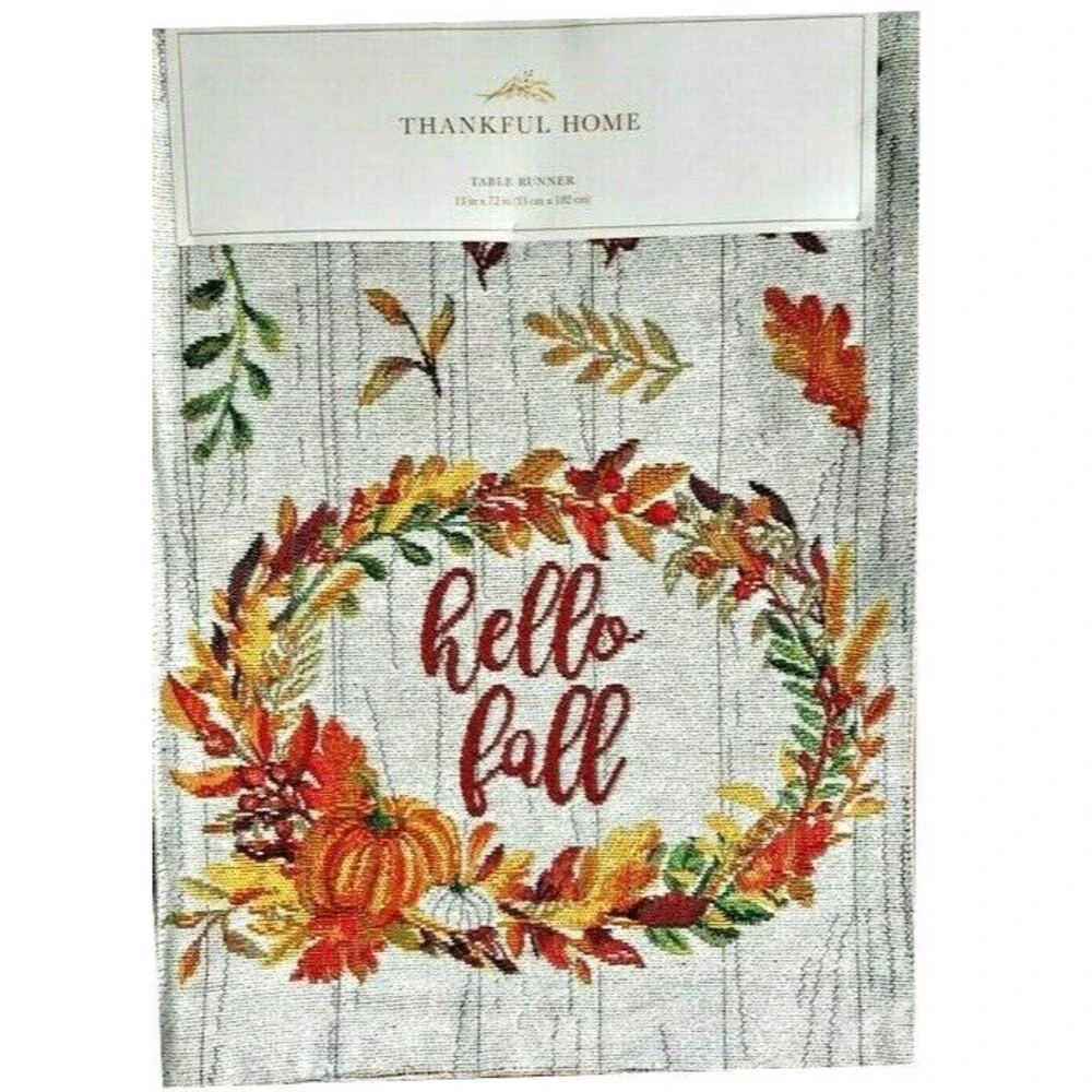 Thanksgiving Table Runner Hello Fall Wreath Tapestry Harvest Fall Colors 13x72